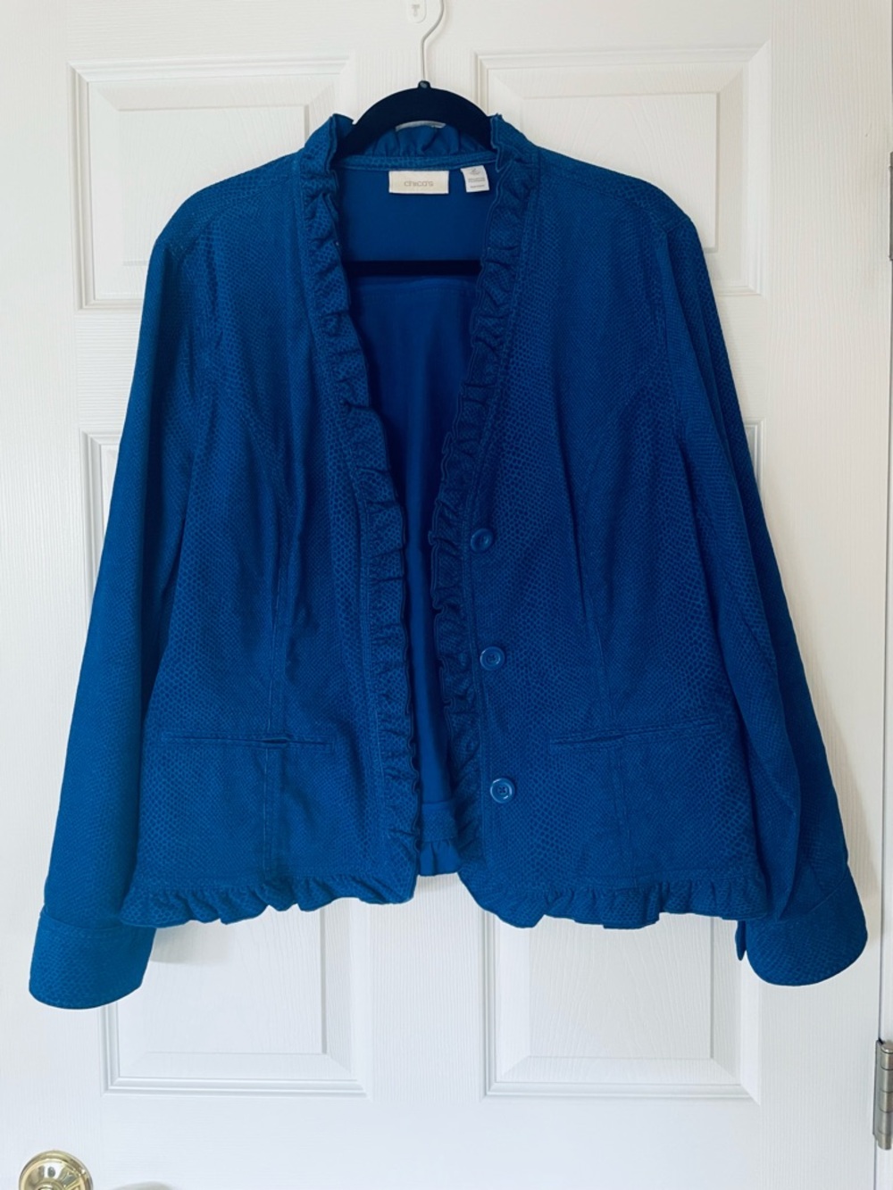 EUC Chico’s Cord Bouquet Bianca Ruffle Jacket Royal Blue Textured Blazer